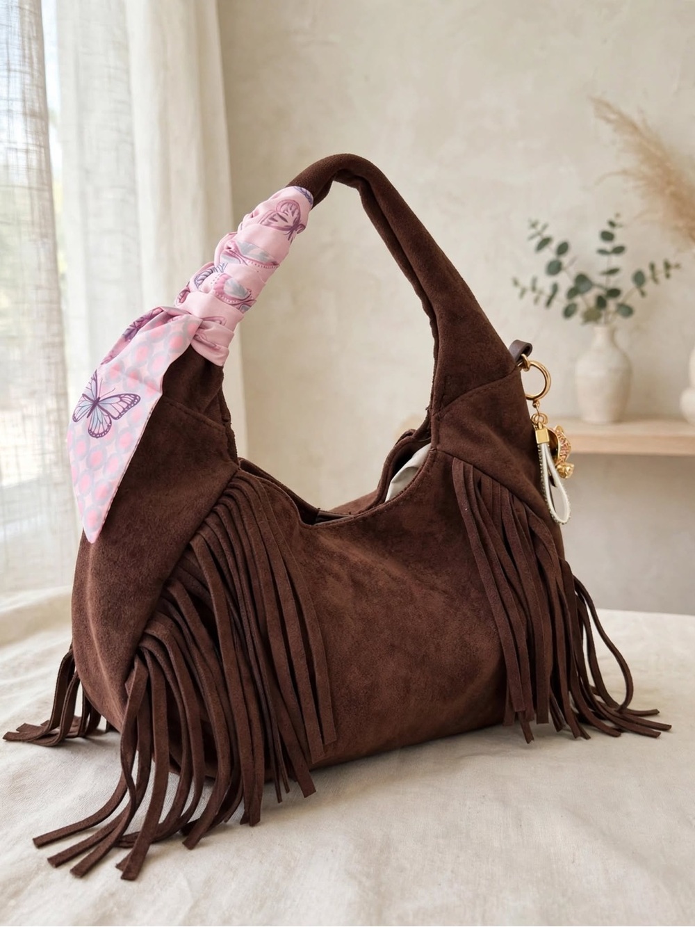 Universal Thread Brown Suede Fringe Shoulder Bag with Pink Scarf